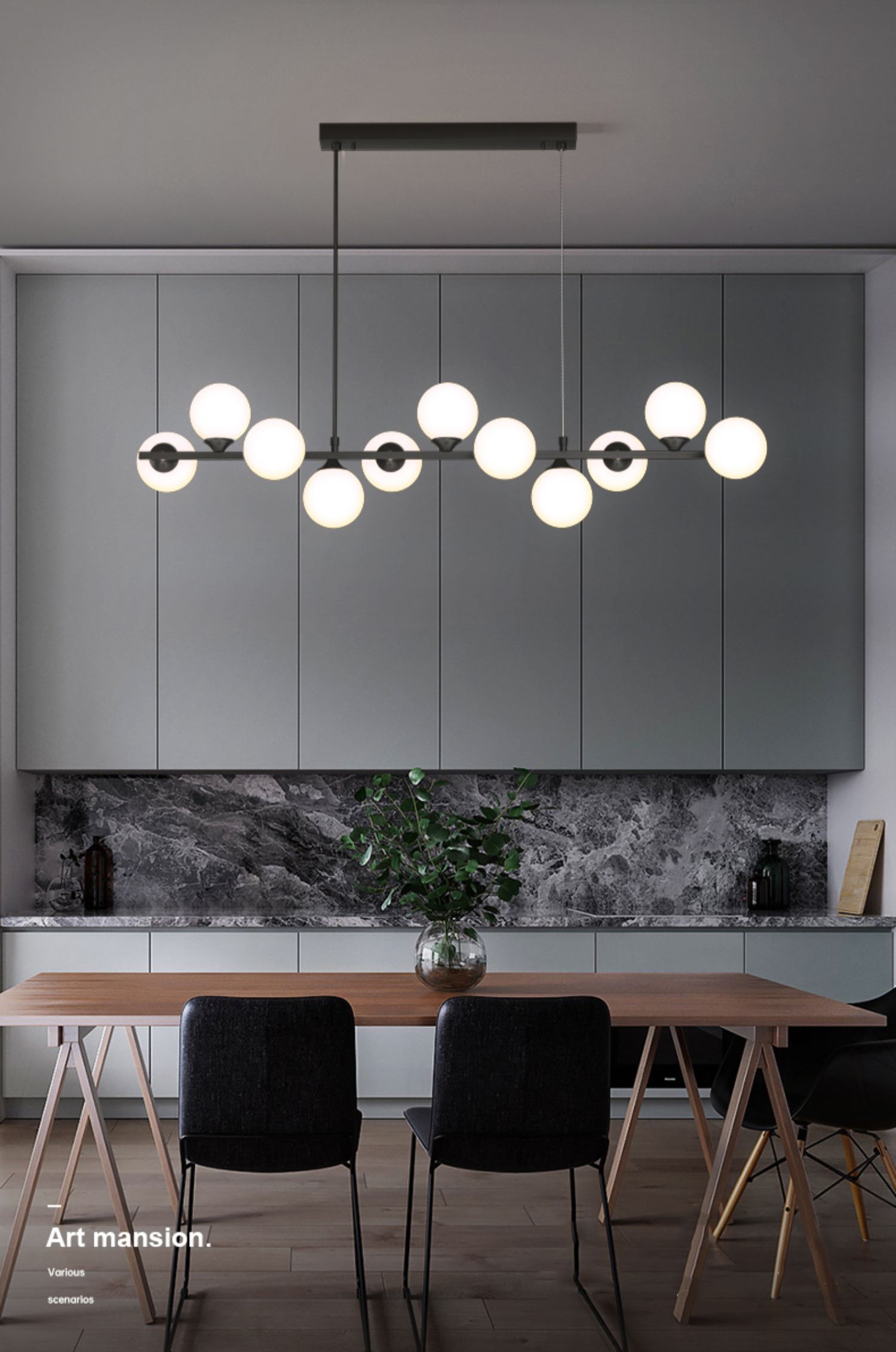 Mid-Century Glass Globe Black Stents Hanging Light