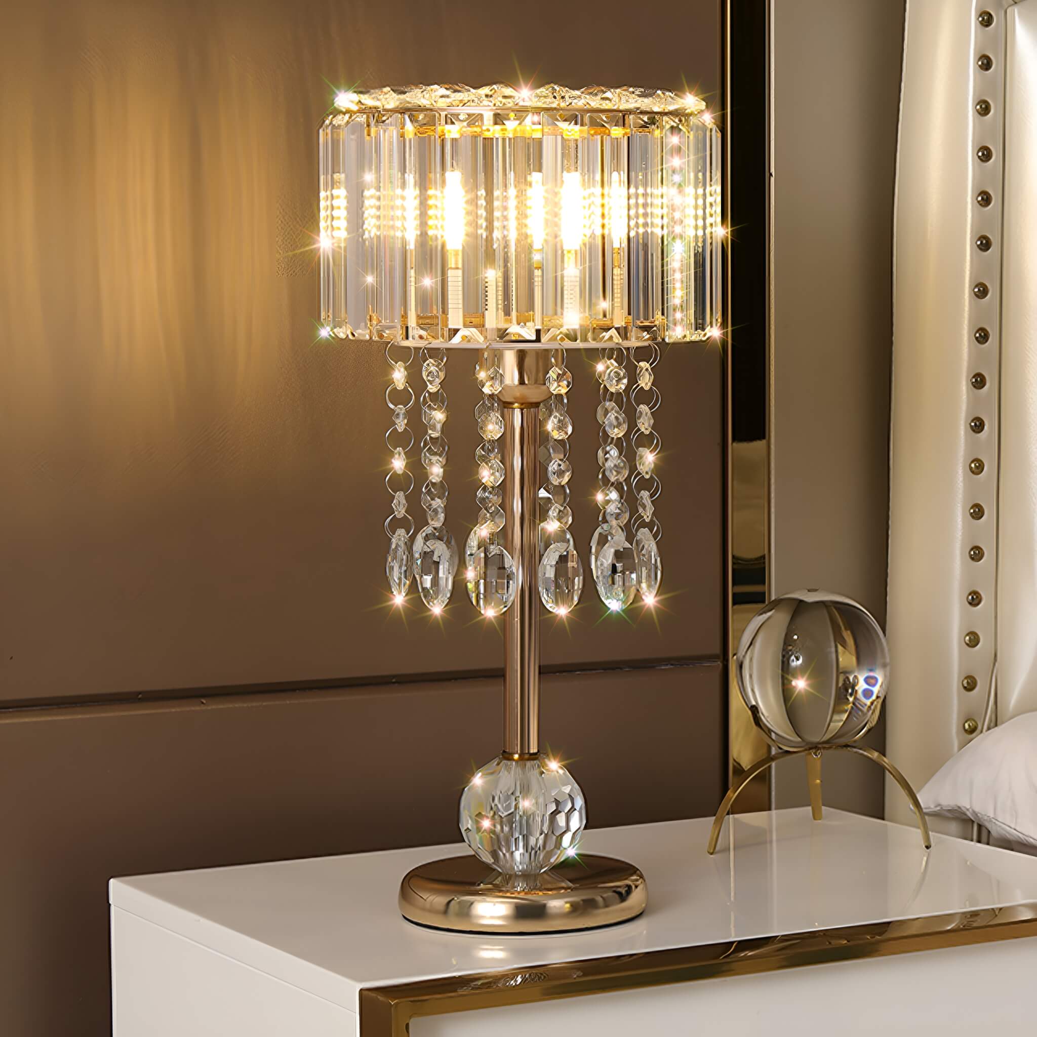 Luxury Gold Finish Lamp with Sparkling Crystal Details -bedside|Siljoy