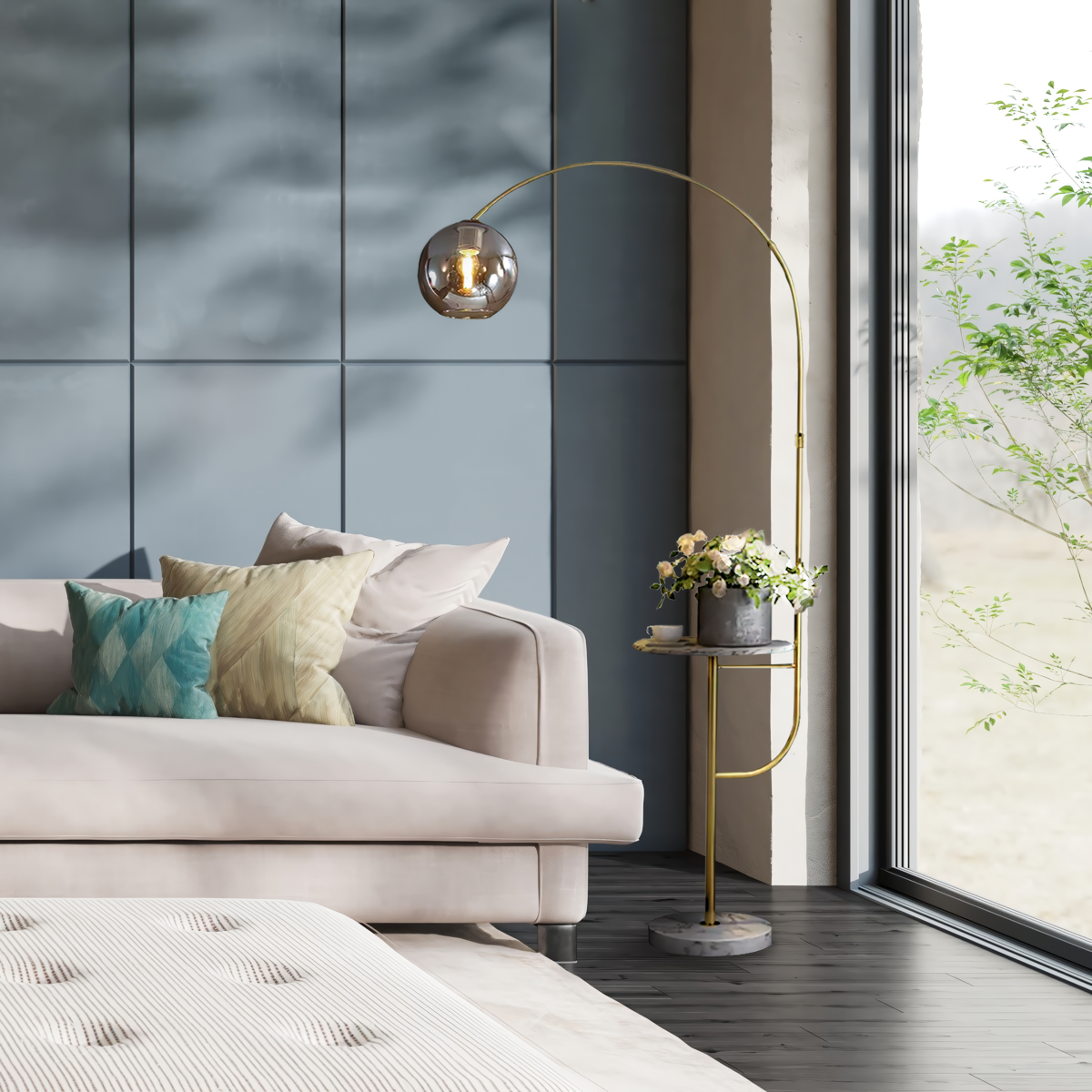 Swivel Dome Shade Golden Floor Lamp with Marble Table -Sofa | Siljoy