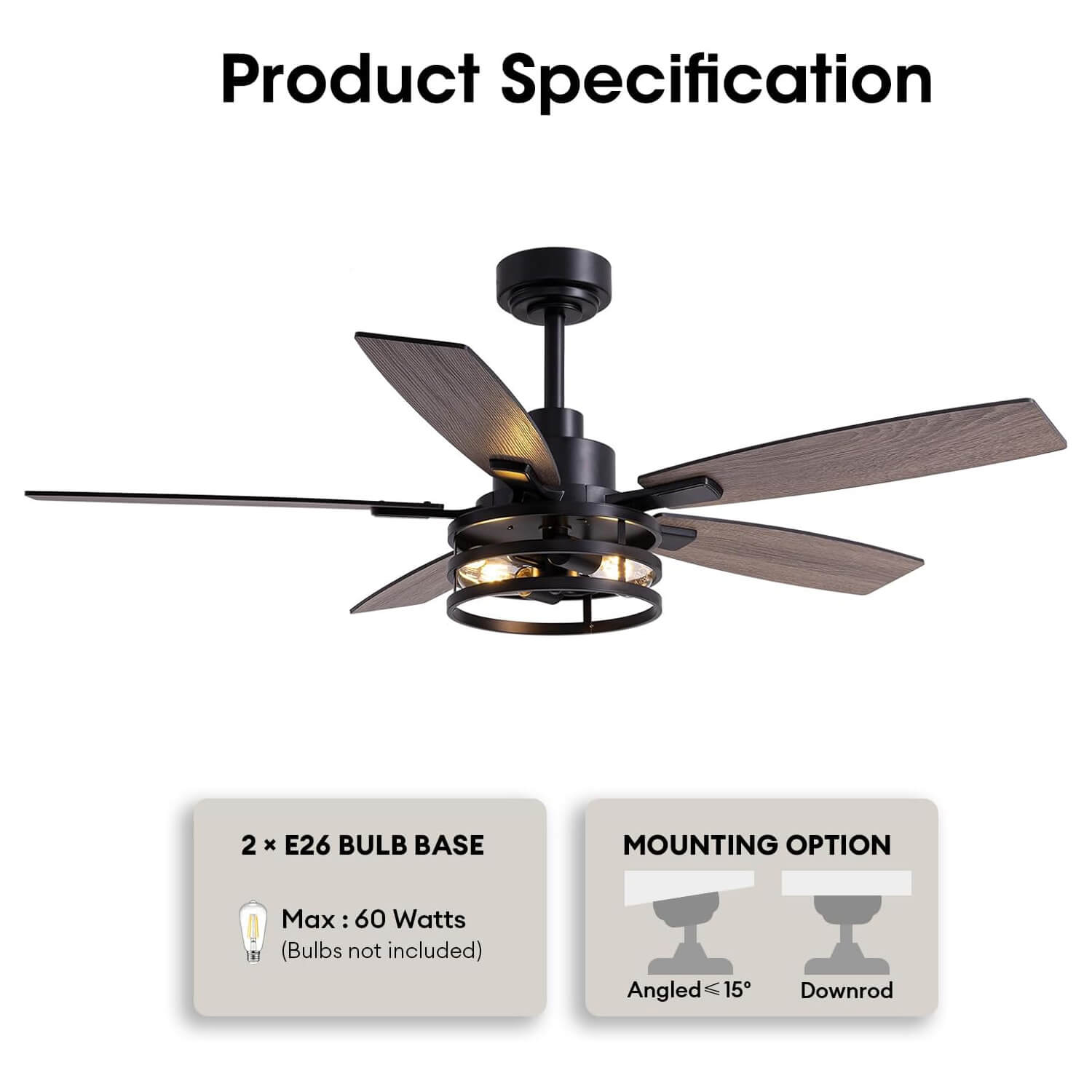 vintara-52“-farmhouse-rustic-black-cage-ceiling-fan-with-lights-remote-included-ideal-for-bedroom-living-room-Product-Specification