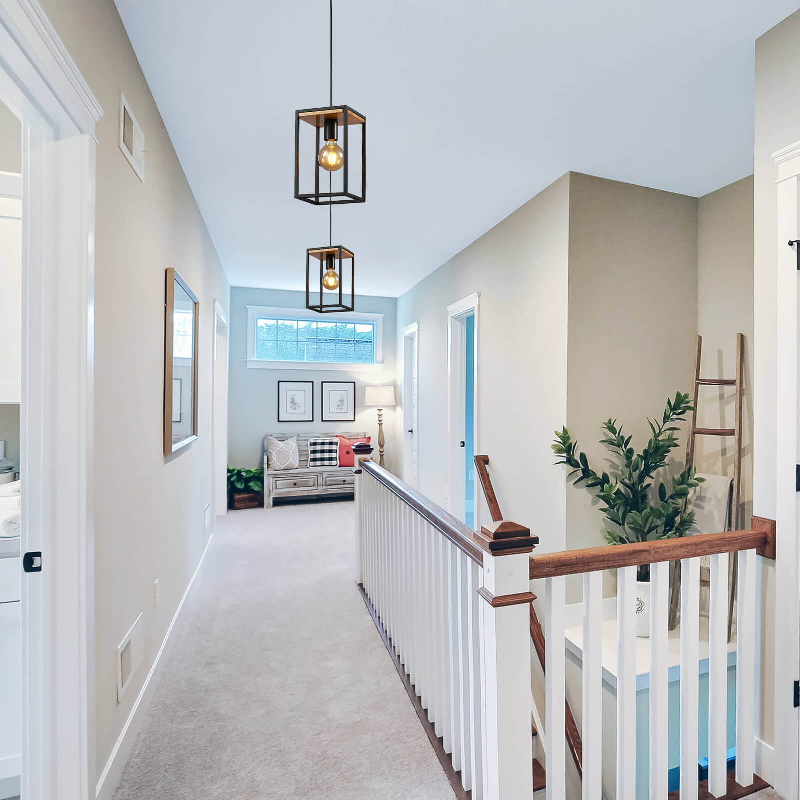 Farmhouse-Black-Single-Head-Wooden-Metal-Frame-Pendant-Light-Staircase