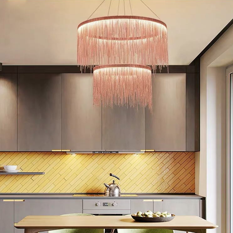 Modern-Chrome-Metal-Frame-Tassel-Two-Ring-Chandelier