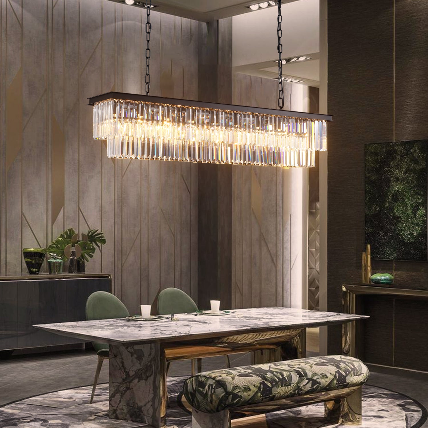 Modern-Matte-Black-Black-Rectangular-Metal-Frame-Crystal-Chandelier-Kitchen