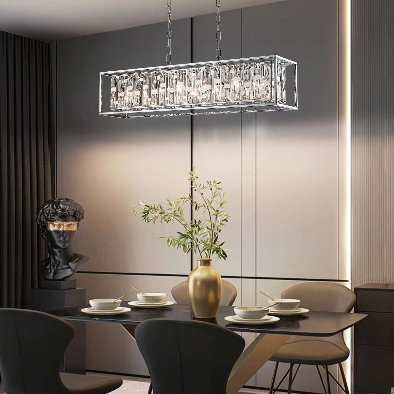 Silver Metal frame Rectangular Crystal Chandelier