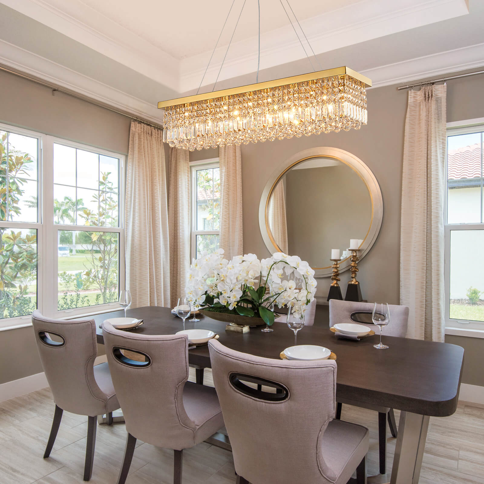 Rectangular Gold Canopy Crystal Chandelier For Kitchen