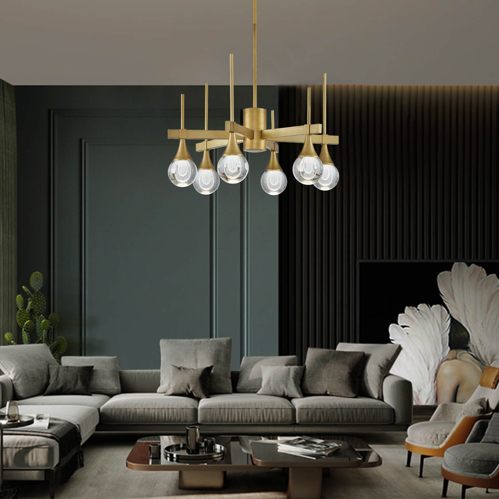 Sputnik 6 Lights Drop-shaped Globe Crystal Pandent Light