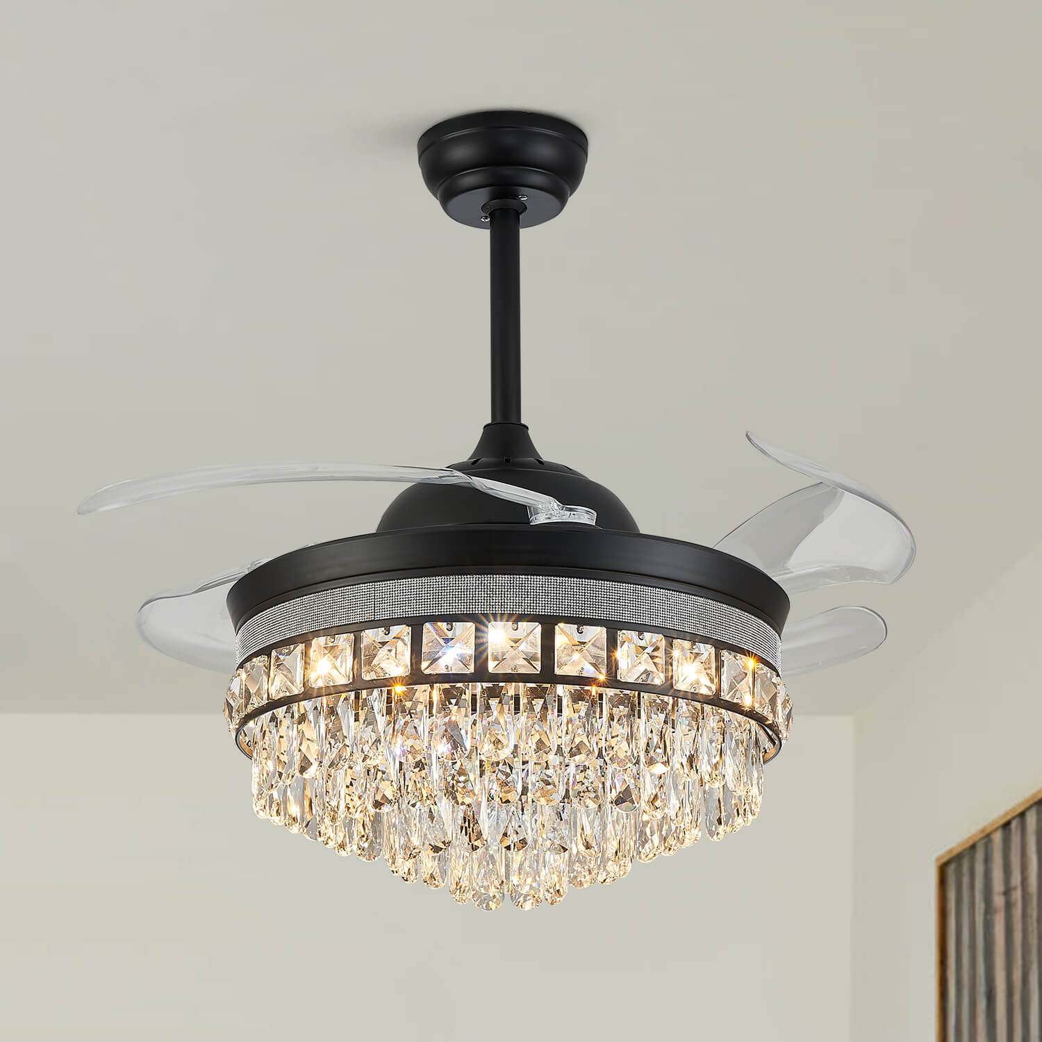 Top Rated Black Retractable Crystal Ceiling Fan Chandelier
