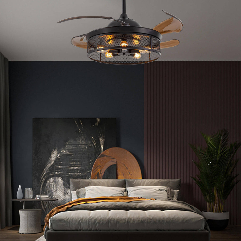 Industrial Black Caged Retractable Fandelier