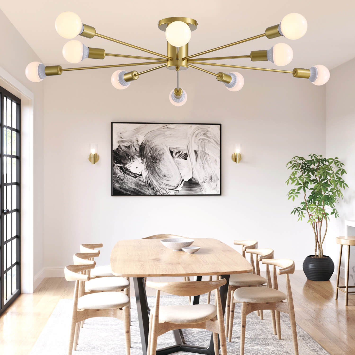 Mid-Century Gold Frame Globe Chandelier 10 Lights