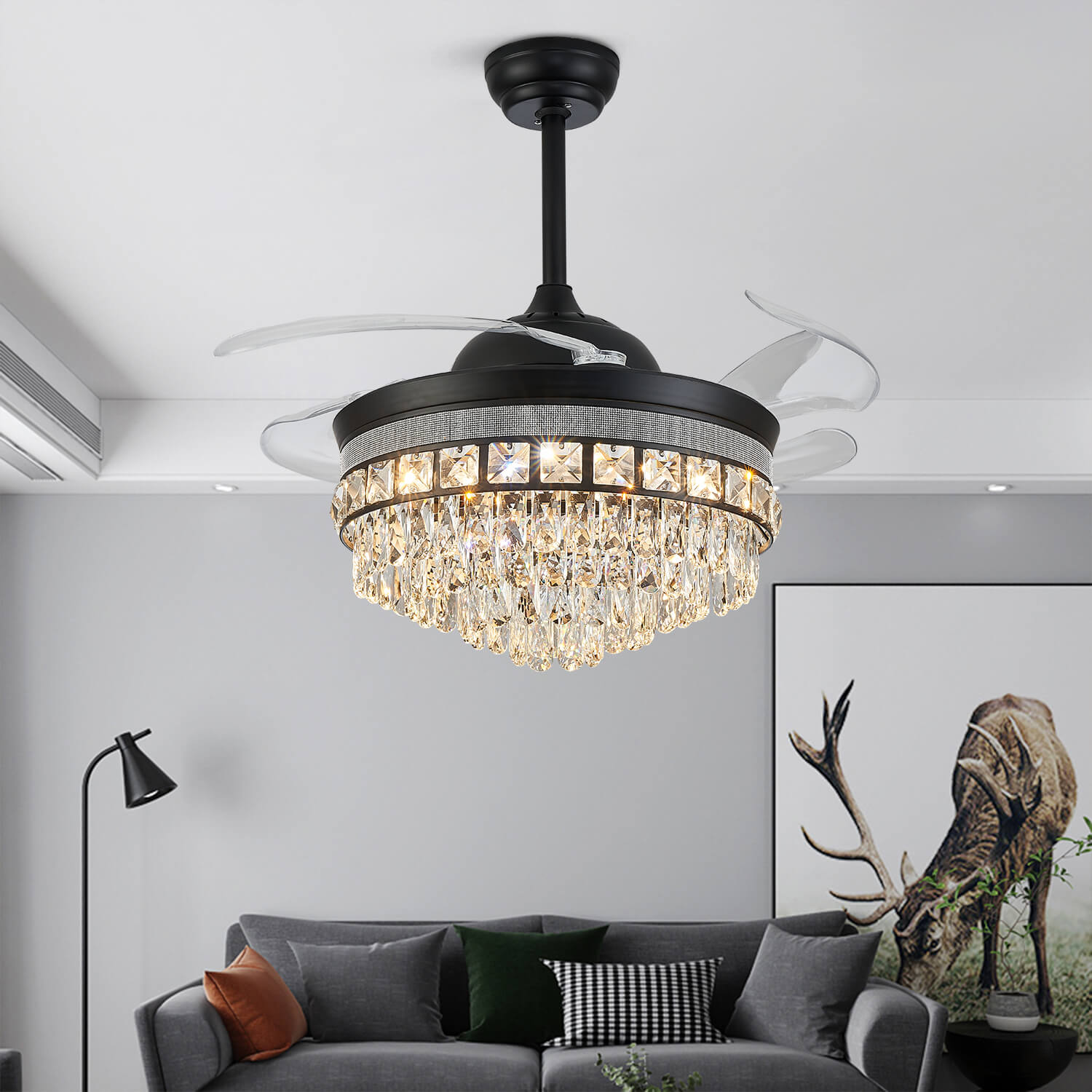Top Rated Black Retractable Crystal Ceiling Fan Chandelier