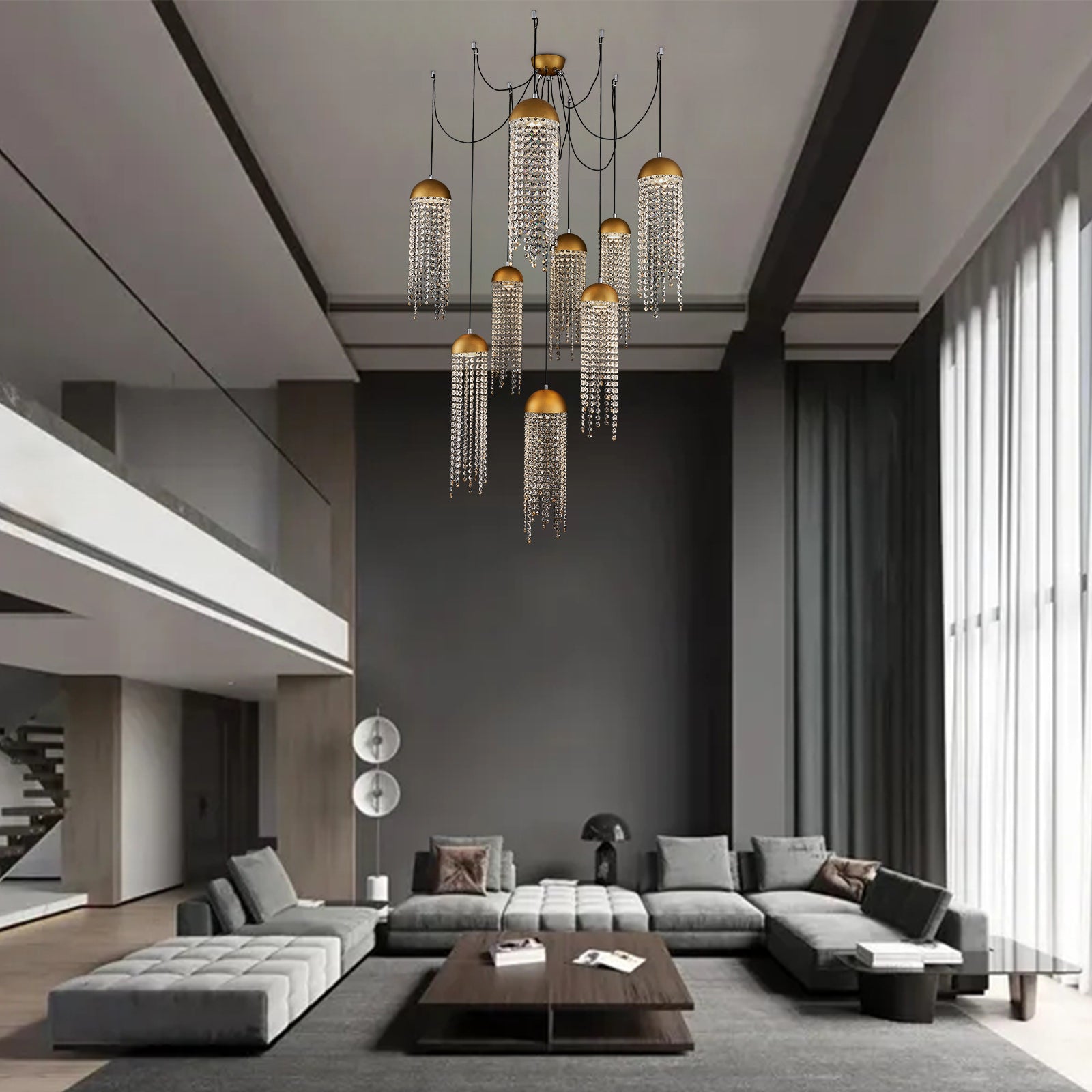 Gold Tassel Crystal Chandelier 9 Lights