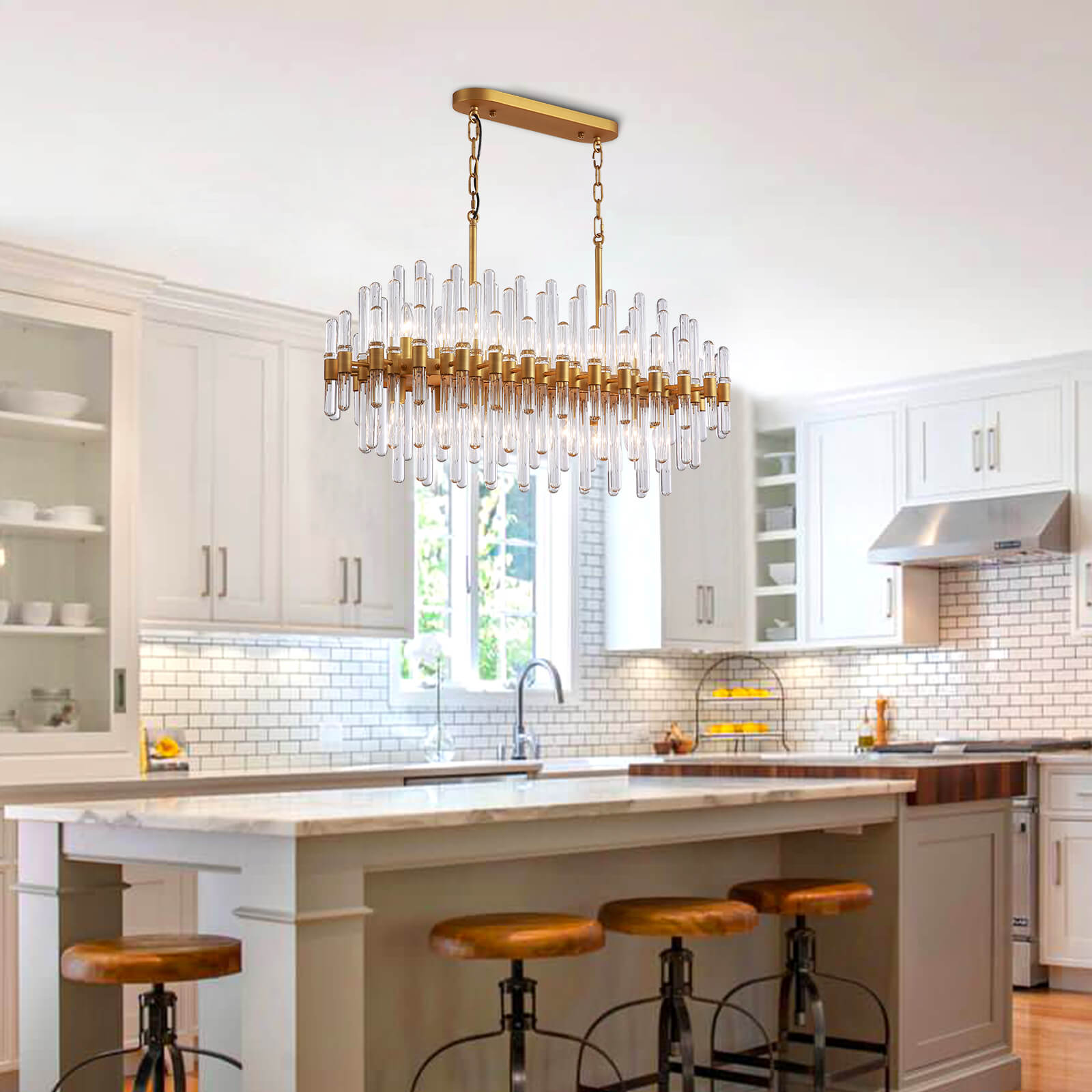 Rectangular Gold Frame Glass Bar Chandelier For Kitchen