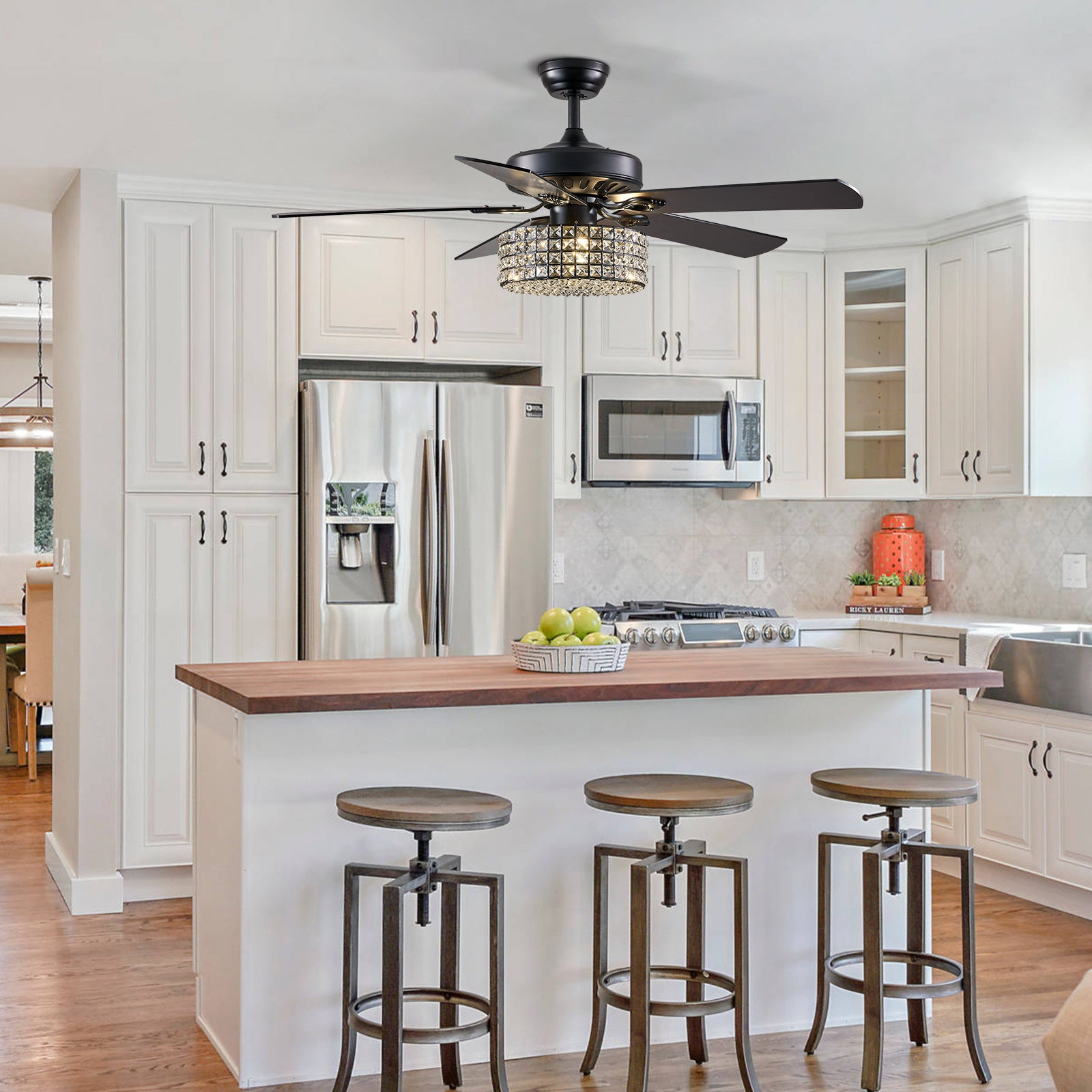 MOOONI-Ceiling-Fan-Light-Matte-Black-Industrial-Four Layer-Crystal-Fandelier-50“-Kitchen-Island