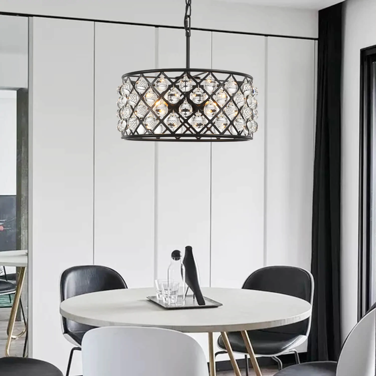 Round 15.7" Matte Black Metal Grid Raindrop Crystal Chandelier