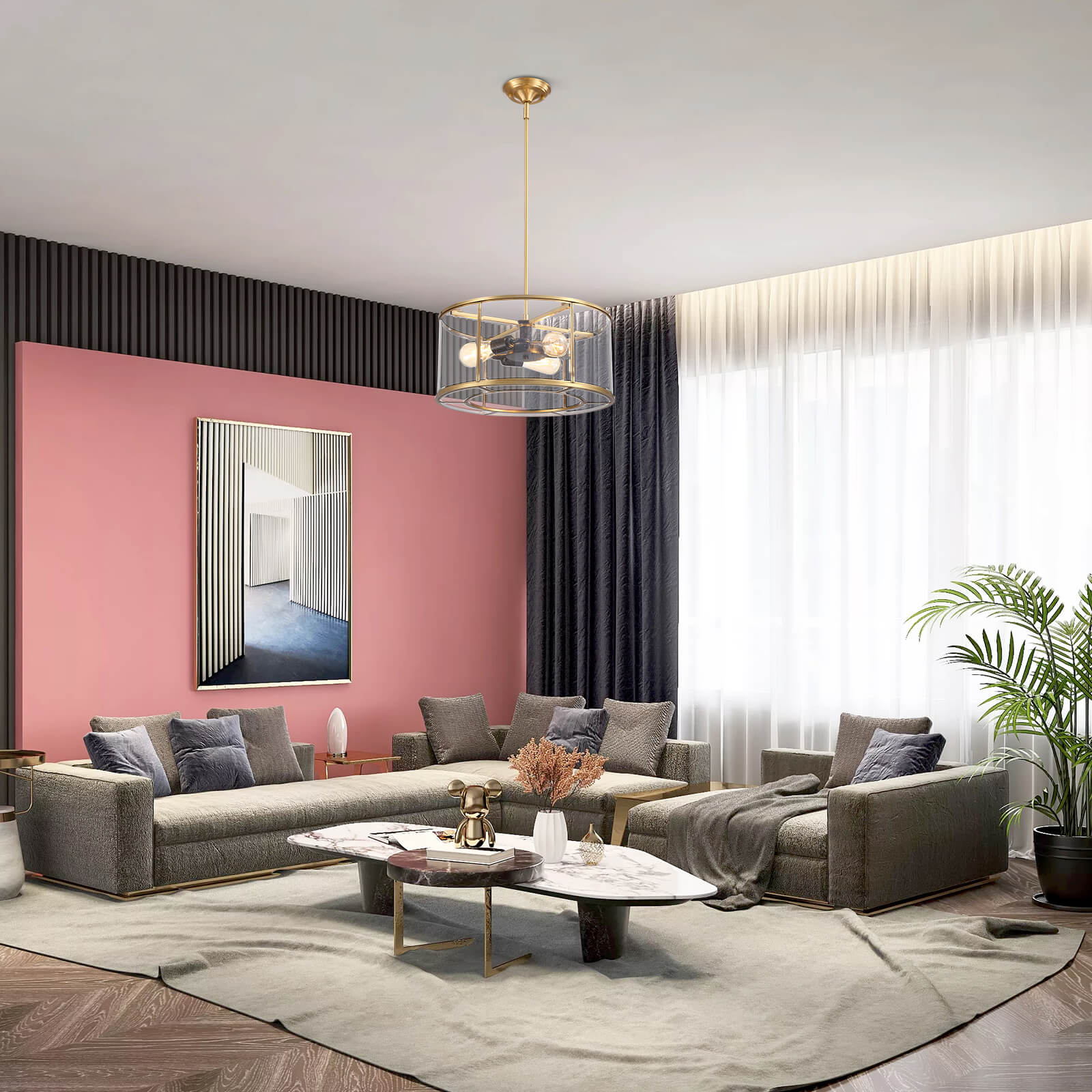 Round Glass Transparent Gold Frame Chandelier