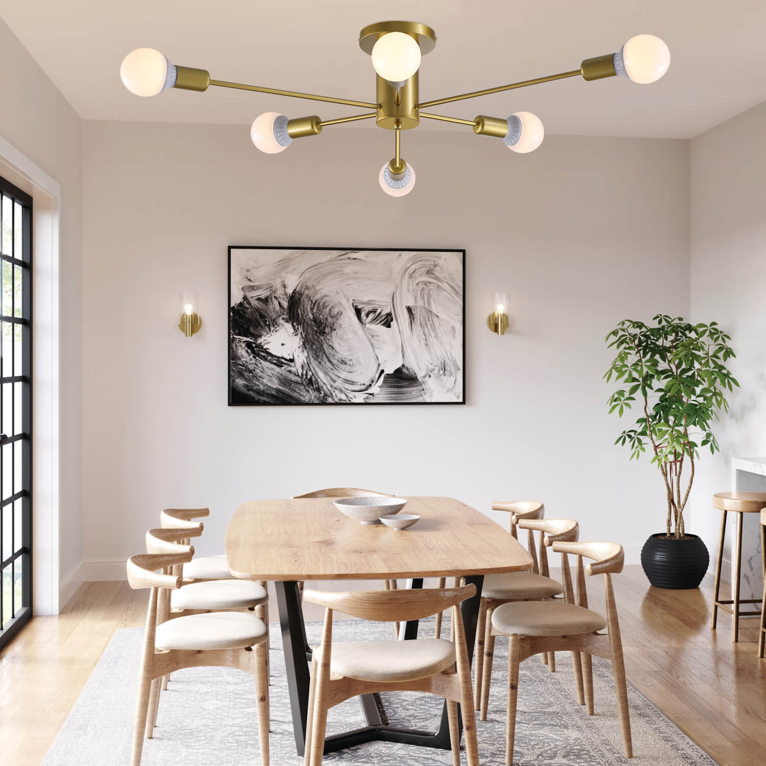 Mid-Century Gold Frame Globe Chandelier 6 Lights