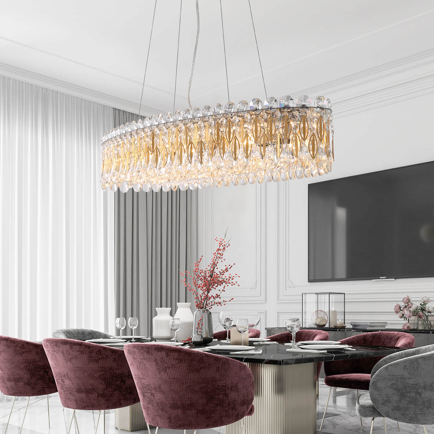 Golden Aluminum Piece Octagonal Column Frame Crystal Chandelier