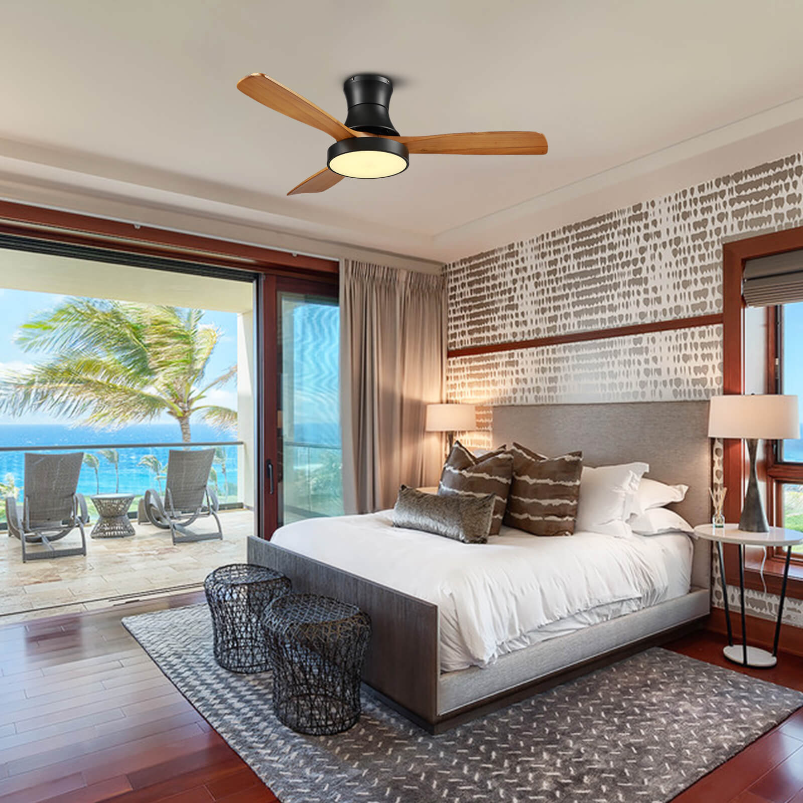 MOOONI-Hugger-Ceiling-Fan-With-Light-LED Strip-Matte-Black-Lampshade-Wood-Blades-Bedroom