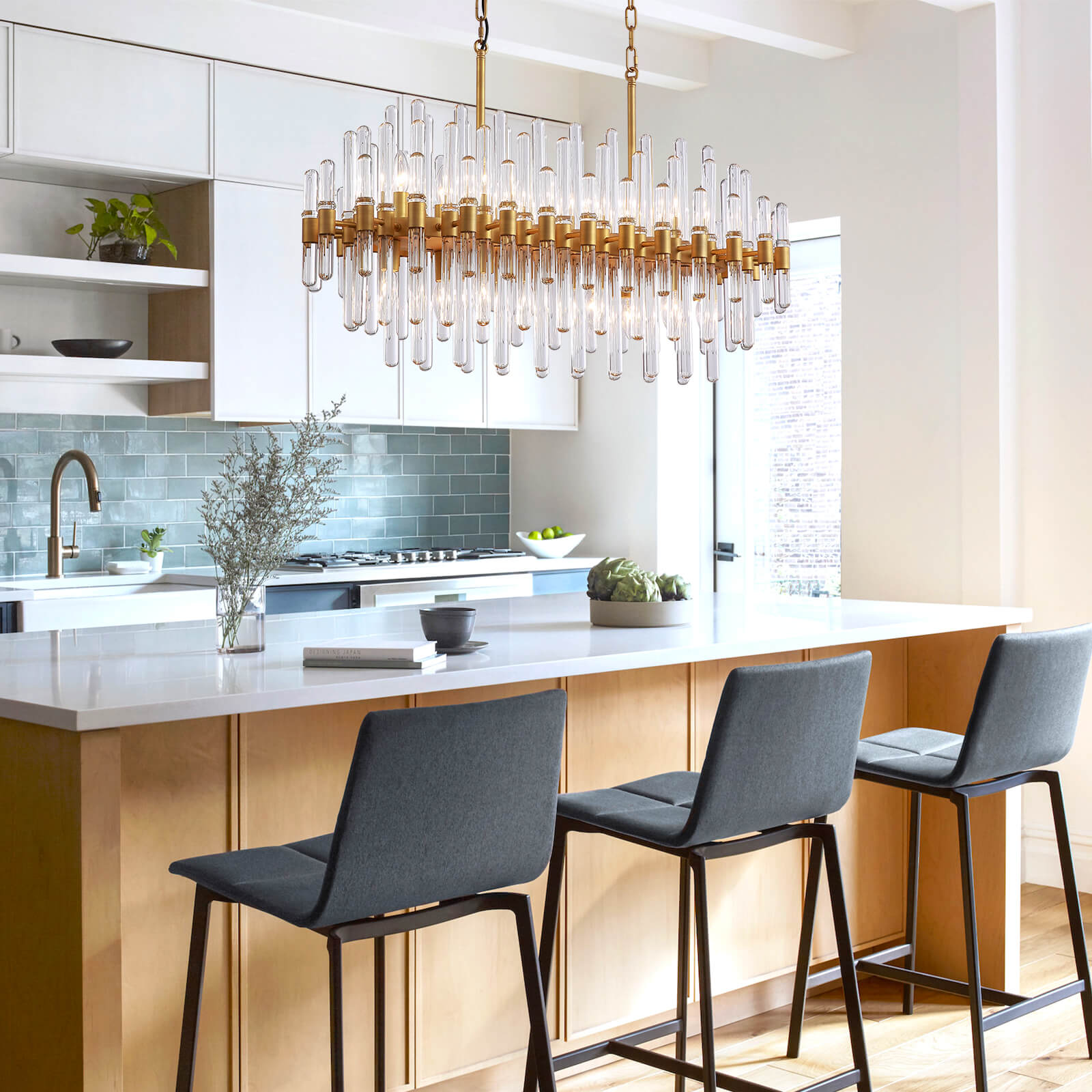 Rectangular Gold Frame Glass Bar Chandelier For Kitchen