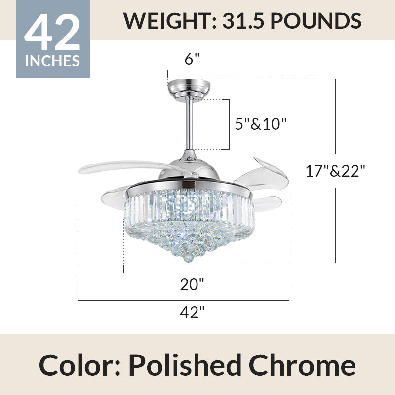Moooni Crystal Fandeliers Retractable Chandelier Fan with Lights
