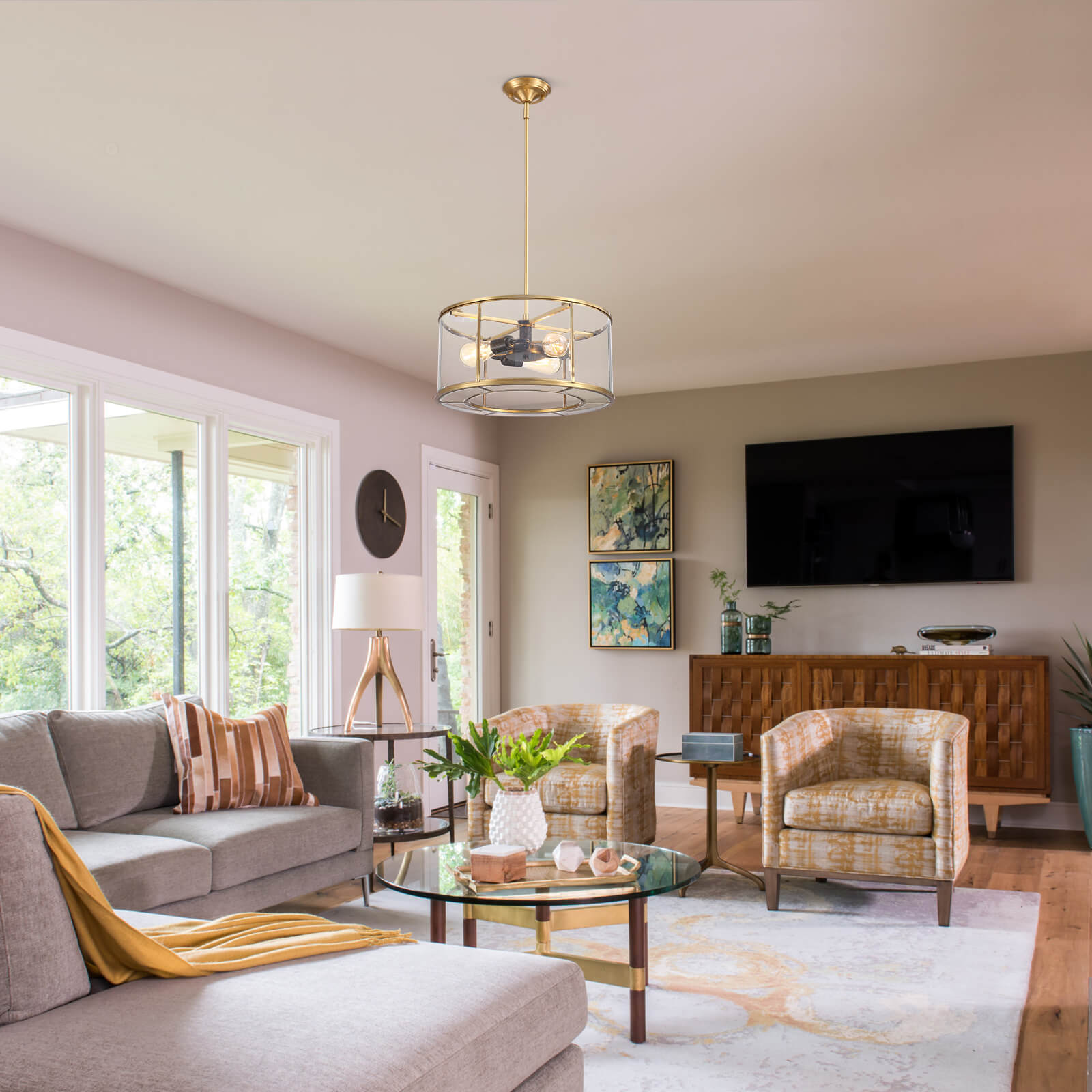 Round Glass Transparent Gold Frame Chandelier