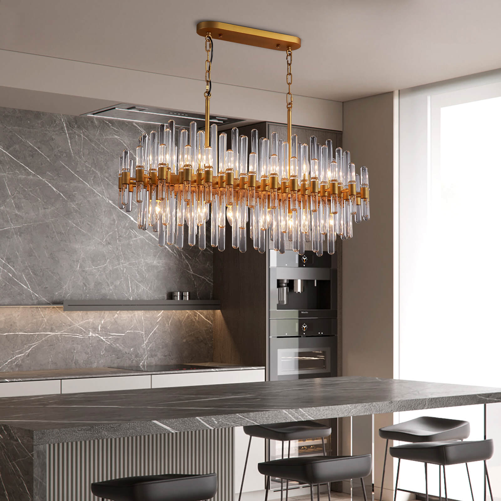 Rectangular Gold Frame Glass Bar Chandelier For Kitchen