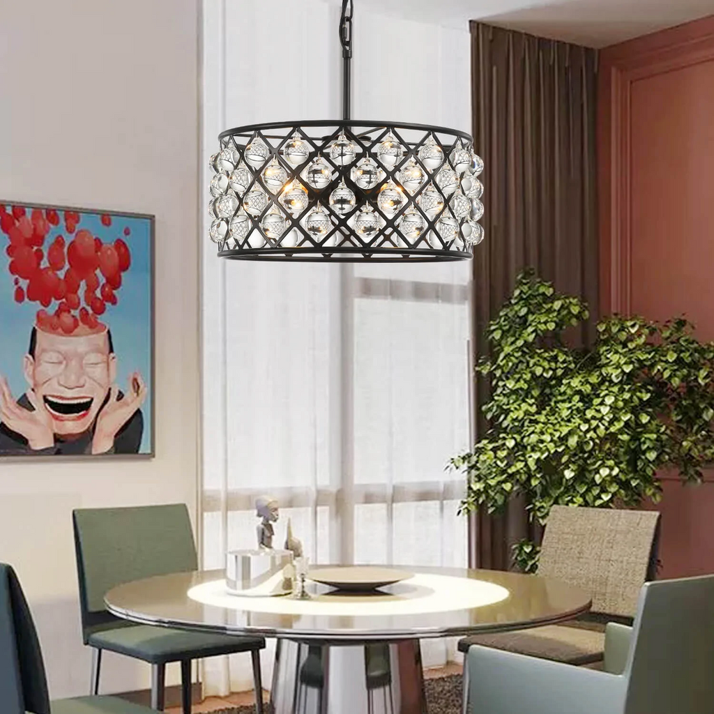 Round 15.7" Matte Black Metal Grid Raindrop Crystal Chandelier