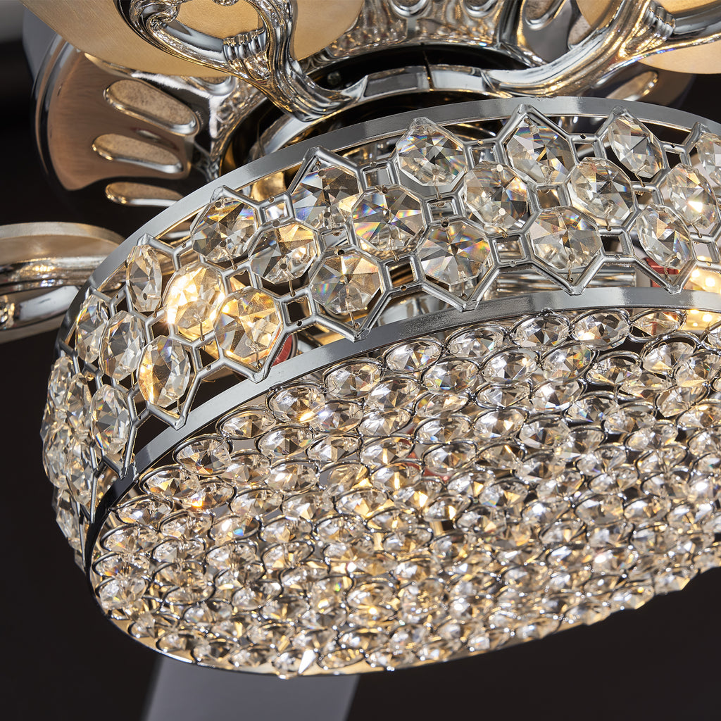 MOOONI-Ceiling-Fan-Light-Chrome-Vintage-Three-layer-Octagonal Beads-Crystal-Fandelier-50“-Lampshade