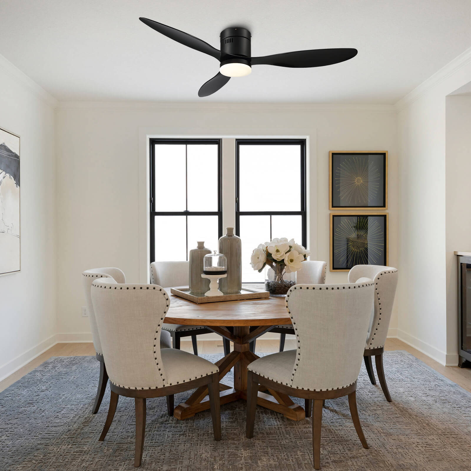 MOOONI-Ceiling-Fan-LED Strip-Matte-Black-Lampshade-Black-Wood-Blades-Dining-Room