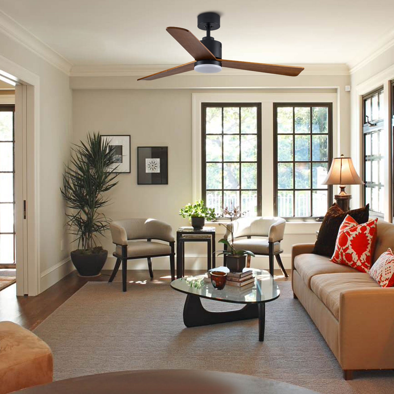 MOOONI-Ceiling-Fan-With-LED Strip-Matte-Black-Lampshade-52"-Wood-Blades-Living-Room