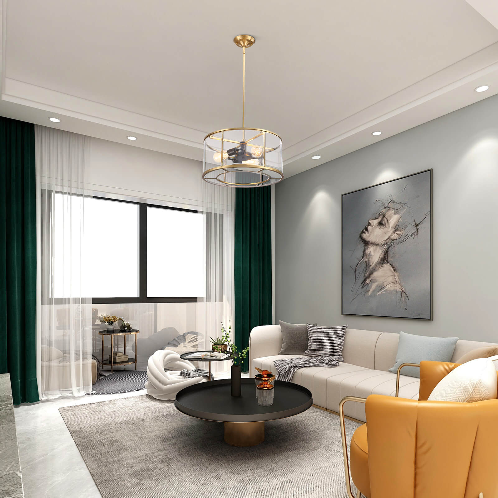 Round Glass Transparent Gold Frame Chandelier