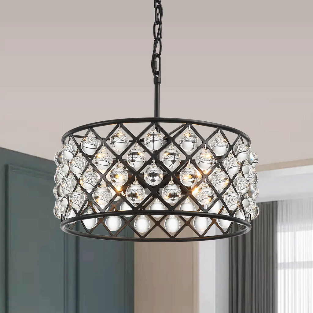 Round 15.7" Matte Black Metal Grid Raindrop Crystal Chandelier