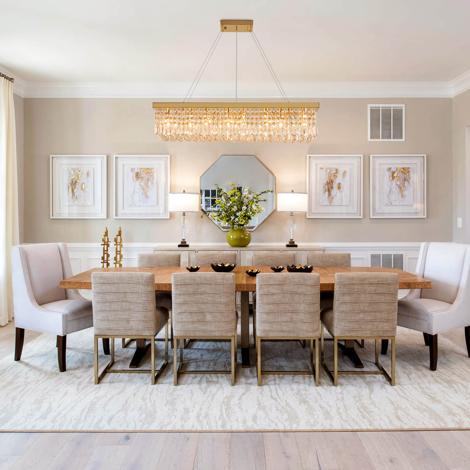 Rectangular Gold Canopy Crystal Chandelier For Kitchen