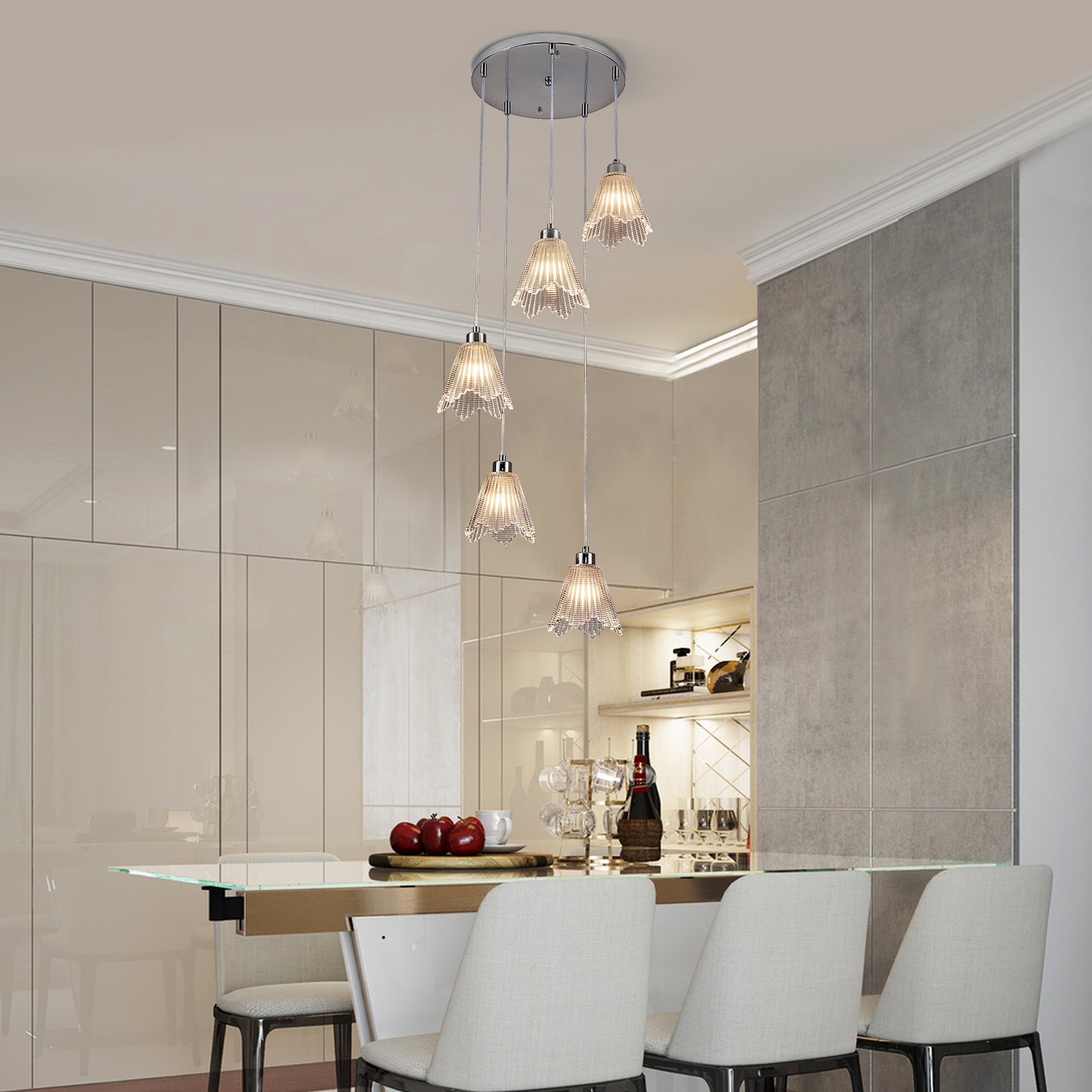 Spiral Chrome Bamboo Hat Glass Chandelier