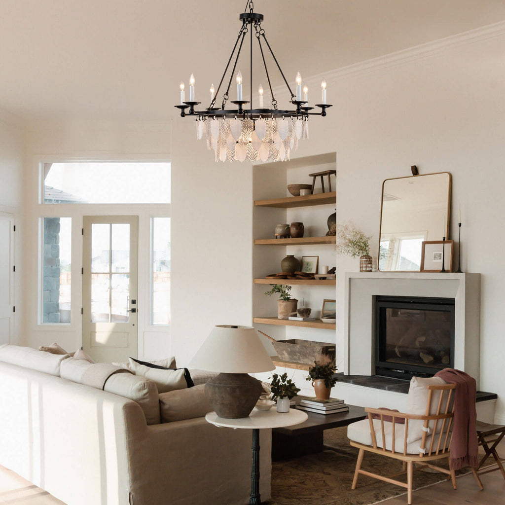 Modern-Matte-Black-Leaves-Candelabra-Round-Pendant-Light