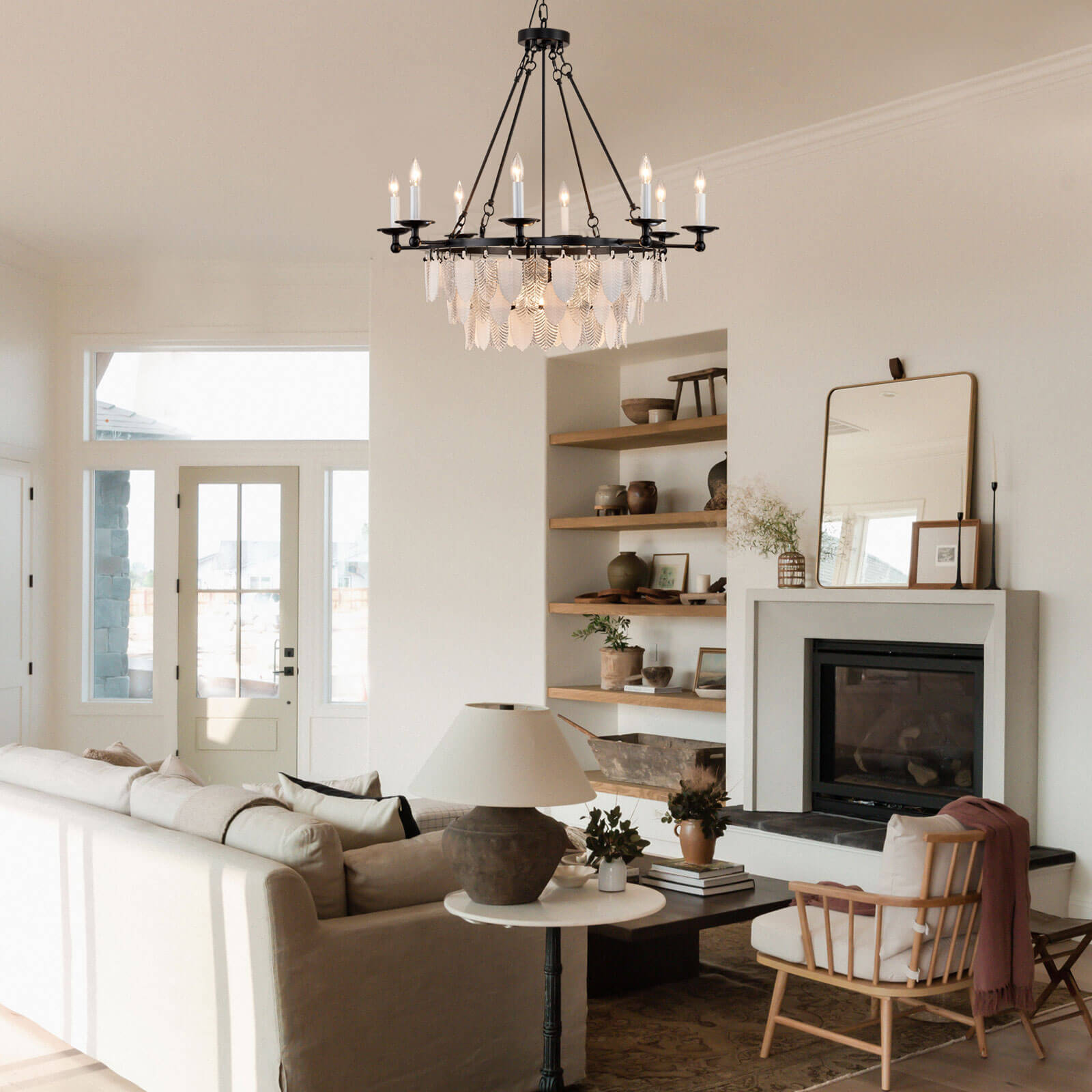 Modern-Matte-Black-Leaves-Candelabra-Round-Pendant-Light