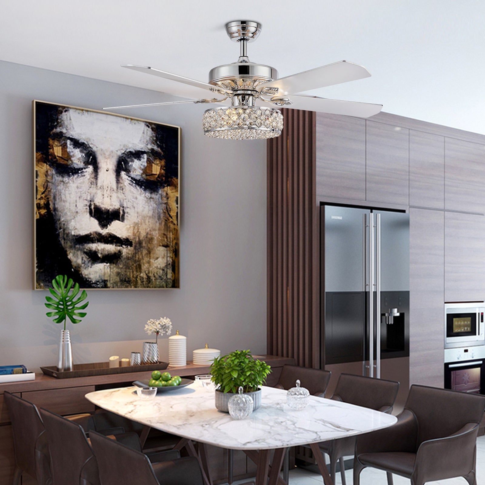 MOOONI-Ceiling-Fan-Light-Chrome-Vintage-Three-layer-Octagonal Beads-Crystal-Fandelier-50“-Dining-Room