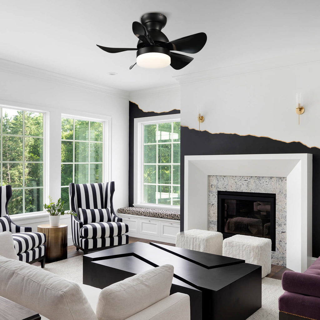 MOOONI-Hugger-Ceiling-Fan-With-Light-LED Strip-Matte-Black-Lampshade-Black-Wood-Blades-Living-Room