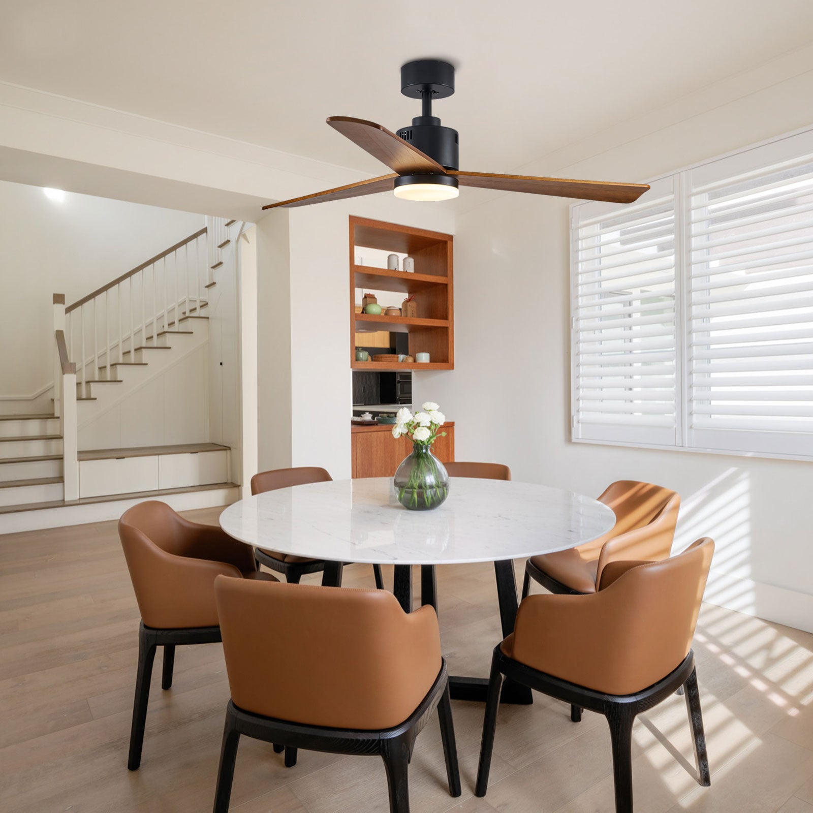 MOOONI-Ceiling-Fan-With-LED Strip-Matte-Black-Lampshade-52"-Wood-Blades-Dining-Room