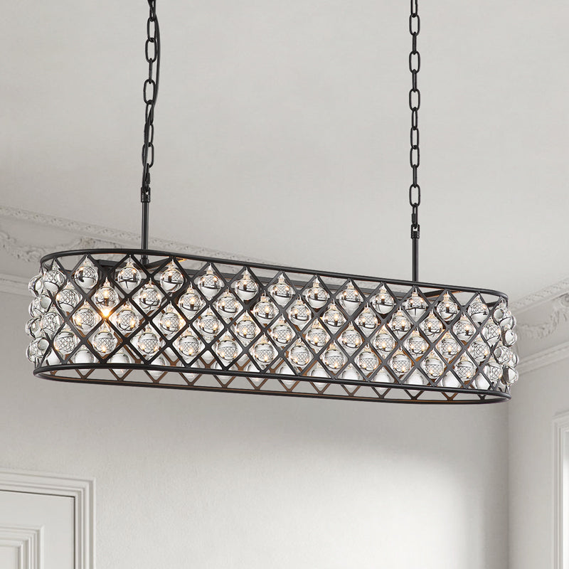Black Oval Metal Farmhouse Grid Square Bead Crystal Chandelier