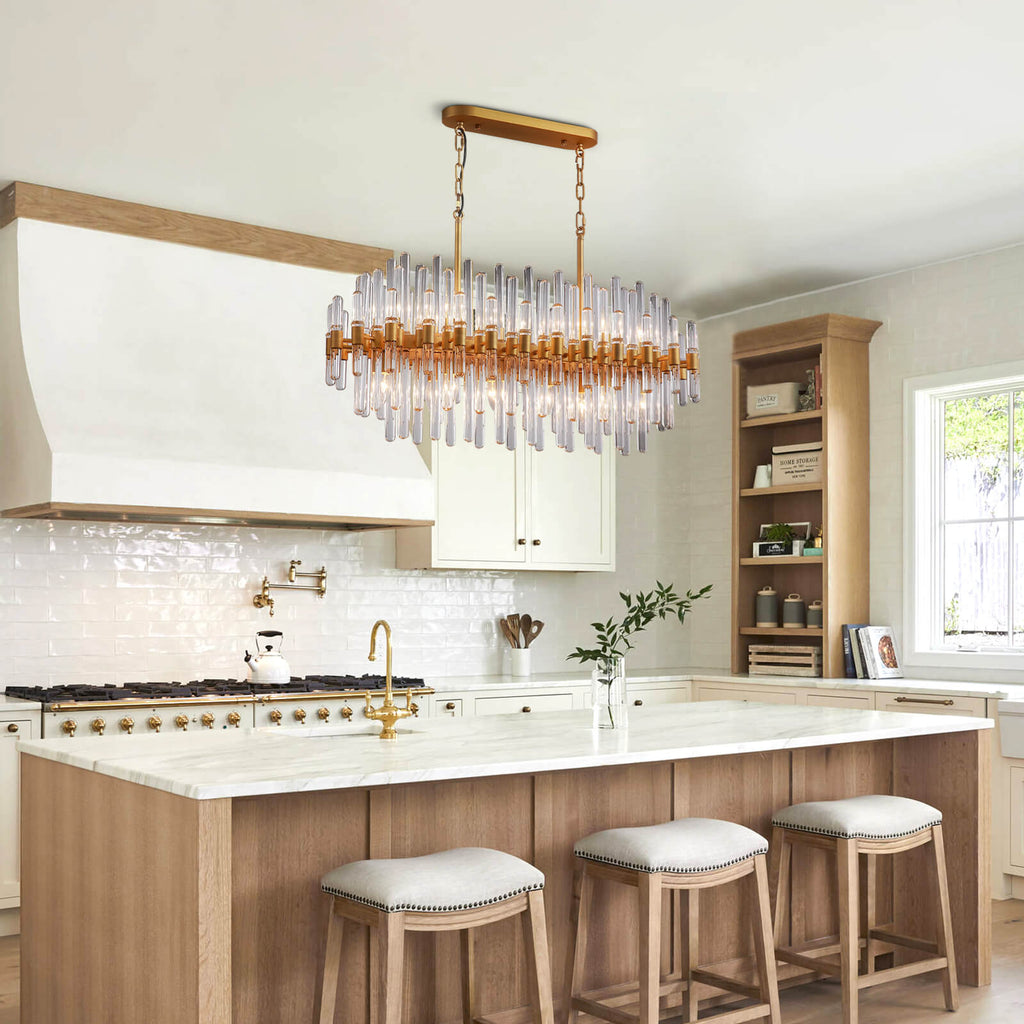 Rectangular Gold Frame Glass Bar Chandelier For Kitchen